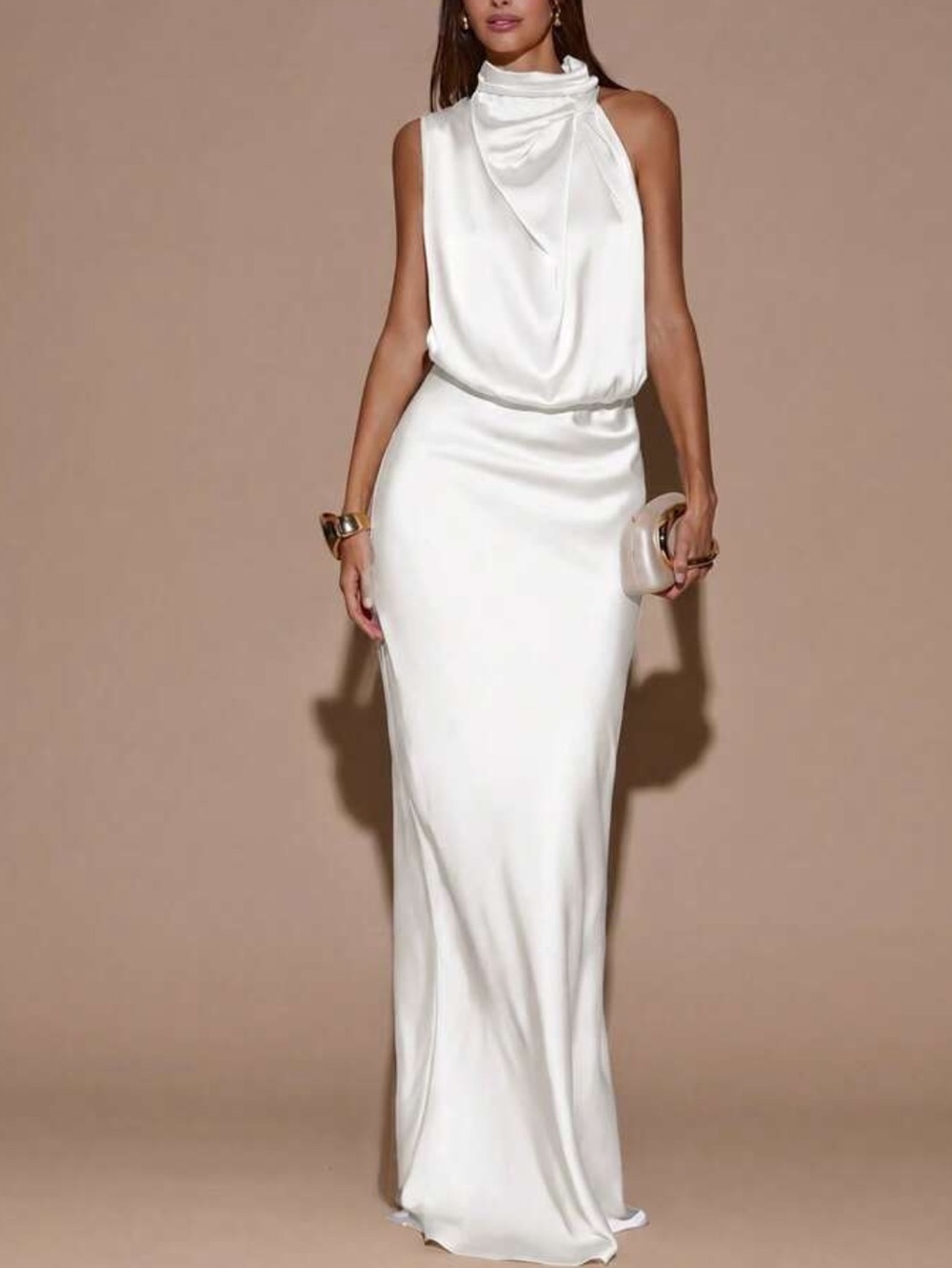 Elegant Satin Halter Evening Dress in White
